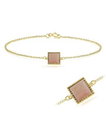 Gold Plated Pink Jade Square Silver Bracelet BRS-285-GP