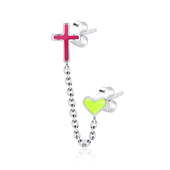 Cross and Heart Shaped Silver Stud Earring with Chain STC-101
