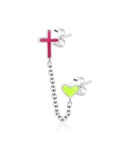 Cross and Heart Shaped Silver Stud Earring with Chain STC-101