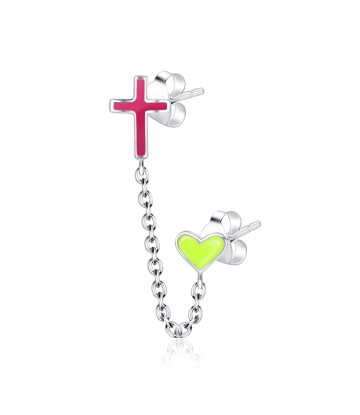 Cross and Heart Shaped Silver Stud Earring with Chain STC-101