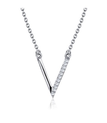 Rhodium Plated V Shaped with CZ Silver Necklace SPE-2153-RP