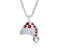 Christmas Hat With CZ Ruby And Crystal Silver Necklace SPE-5230