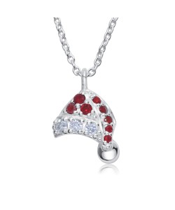 Christmas Hat With CZ Ruby And Crystal Silver Necklace SPE-5230