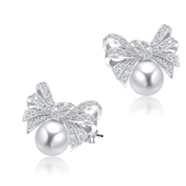 Bow and Pearl with CZ Stone Silver Ear Stud STS-4876