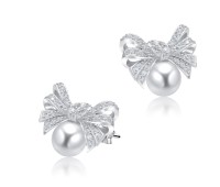 Bow and Pearl with CZ Stone Silver Ear Stud STS-4876