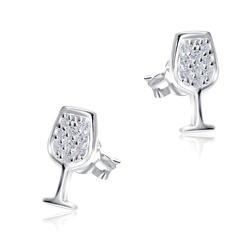 Wine Glass Designed with CZ Stone Silver Ear Stud STS-5345