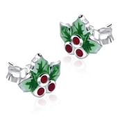 Mistletoe With Green Enamel And Ruby Silver Stud Earrings STS-5525