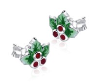 Mistletoe With Green Enamel And Ruby Silver Stud Earrings STS-5525