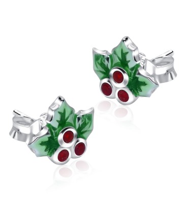 Mistletoe With Green Enamel And Ruby Silver Stud Earrings STS-5525