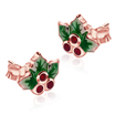 Mistletoe With Green Enamel And Ruby Silver Stud Earrings STS-5525