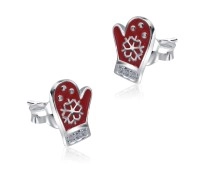 Christmas Mitten Red Enamel With CZ Silver Stud Earrings STS-5521