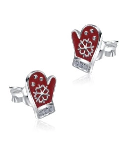 Christmas Mitten Red Enamel With CZ Silver Stud Earrings STS-5521
