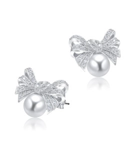 Bow and Pearl with CZ Stone Silver Ear Stud STS-4876
