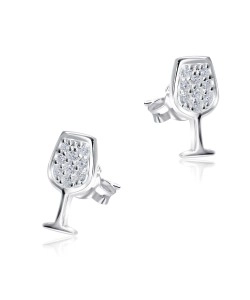 Wine Glass Designed with CZ Stone Silver Ear Stud STS-5345